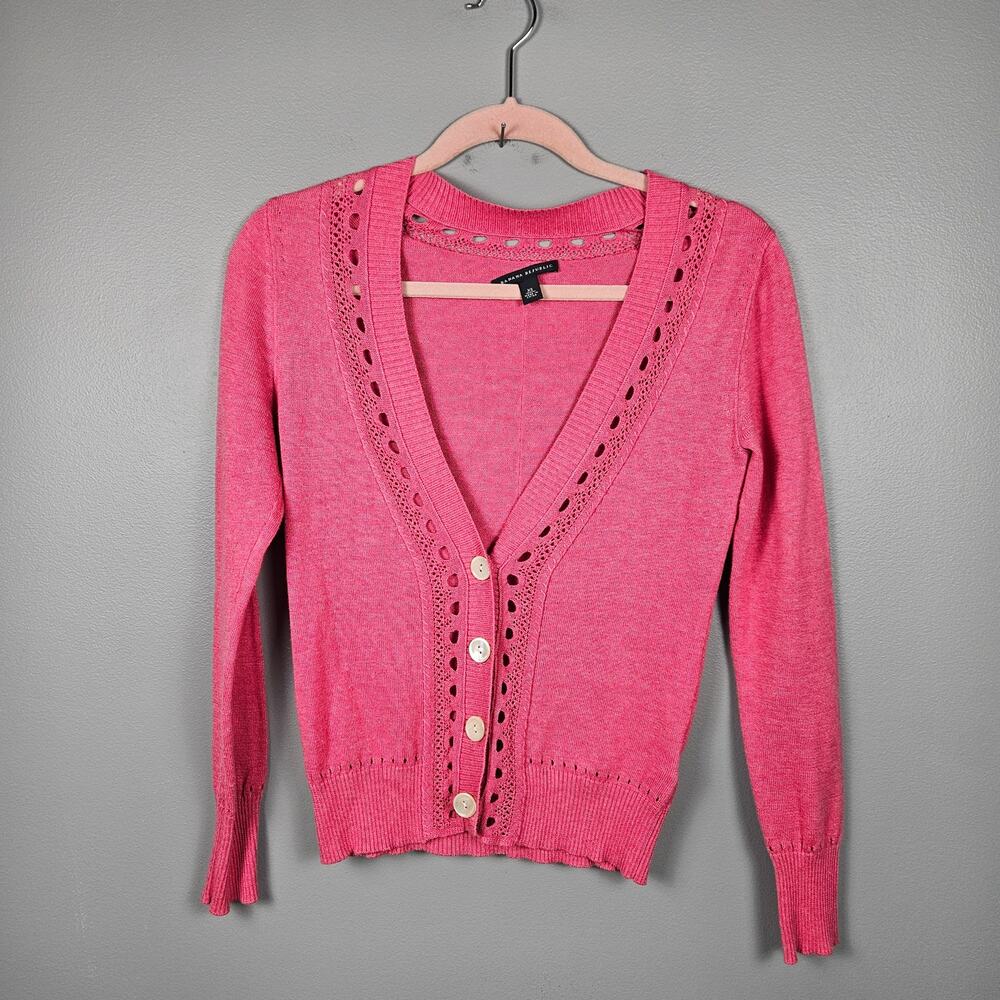 Banana Republic‎ Womens XS Button Front Cardigan Eyelet Knit Cotton Silk Pink
